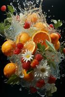 the fruits of different varieties slices falling out of water photo