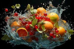 the fruits of different varieties slices falling out of water photo