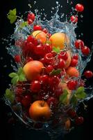 the fruits of different varieties slices falling out of water photo