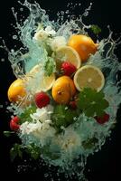 the fruits of different varieties slices falling out of water photo