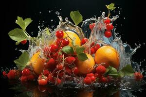 the fruits of different varieties slices falling out of water photo