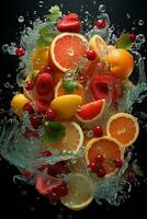 the fruits of different varieties slices falling out of water photo