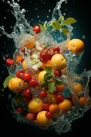 the fruits of different varieties slices falling out of water photo