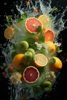 the fruits of different varieties slices falling out of water photo