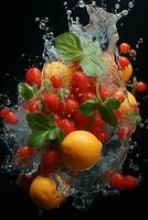 the fruits of different varieties slices falling out of water photo