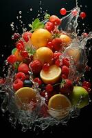 the fruits of different varieties slices falling out of water photo