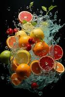 the fruits of different varieties slices falling out of water photo