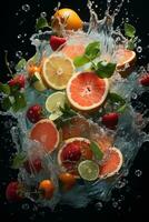 the fruits of different varieties slices falling out of water photo