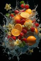 the fruits of different varieties slices falling out of water photo