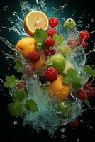 the fruits of different varieties slices falling out of water photo