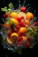 the fruits of different varieties slices falling out of water photo