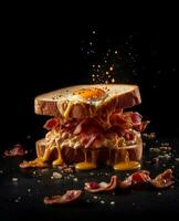 bacon sandwich hanging in the air with eggs and bread photo
