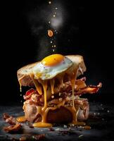 bacon sandwich hanging in the air with eggs and bread photo