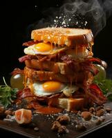 bacon sandwich hanging in the air with eggs and bread photo