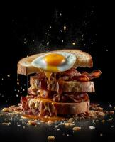 bacon sandwich hanging in the air with eggs and bread photo