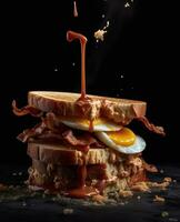 bacon sandwich hanging in the air with eggs and bread photo