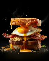 bacon sandwich hanging in the air with eggs and bread photo