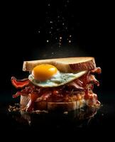 bacon sandwich hanging in the air with eggs and bread photo