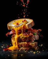 bacon sandwich hanging in the air with eggs and bread photo