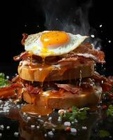 bacon sandwich hanging in the air with eggs and bread photo