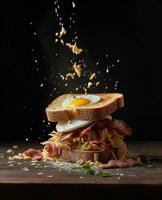 bacon sandwich hanging in the air with eggs and bread photo