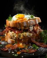 bacon sandwich hanging in the air with eggs and bread photo