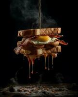 bacon sandwich hanging in the air with eggs and bread photo