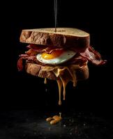 bacon sandwich hanging in the air with eggs and bread photo