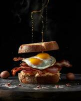 bacon sandwich hanging in the air with eggs and bread photo