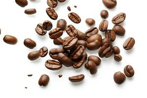 los granos de café levitan sobre un fondo blanco foto