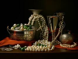 beautiful pearls with golden objects on table with black background generative AI photo