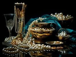 beautiful pearls and golden objects on black background generative AI photo