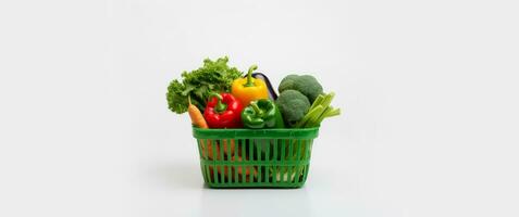 a green shopping basket filled with vegetables on white background generative AI photo