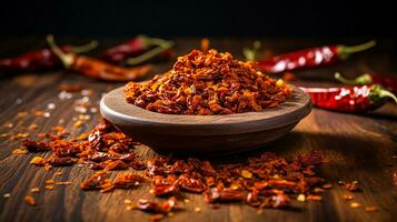 Chili flakes on wooden bowl with red chillies generative AI photo