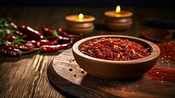 Chili flakes on wooden bowl with chillies on wooden table generative AI photo