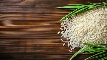 White jasmine rice on wooden background generative AI photo