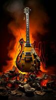 destroyed Guitars Music Objects with fire generative AI photo