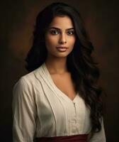 beautiful indian young woman wearing dress on dark background generative AI photo