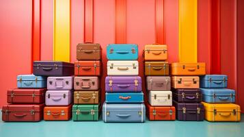 Packed colorful suitcases near color wall generative AI photo