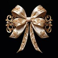 golden color ribbon bow on black background generative AI photo