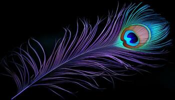 glowing Peacock feather on black background generative AI photo