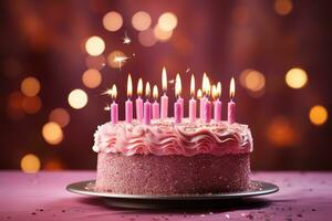 many pink birthday candles on pink cake on bokeh background generative AI photo