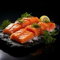 salmon japanese sushi with coriander leaf garnishing generative AI photo