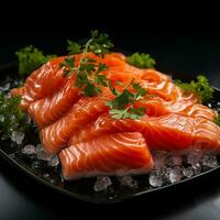 salmón japonés Sushi con cilantro hoja adornar en un plato generativo ai foto