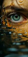 closeup of beautiful eye of woman half face sink in water generative AI photo