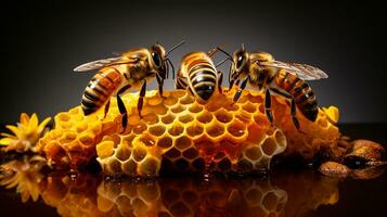 honey bee on honeycomb on black background generative AI photo