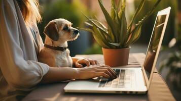 woman work on laptop with cute puppy and plant generative AI photo