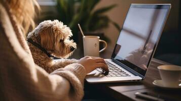 woman work on laptop with cute puppy generative AI photo