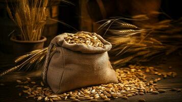 Wheat seeds in jute sacks generative AI photo