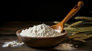 Wheat flour in wooden bowl with spoon on dark background generative AI photo